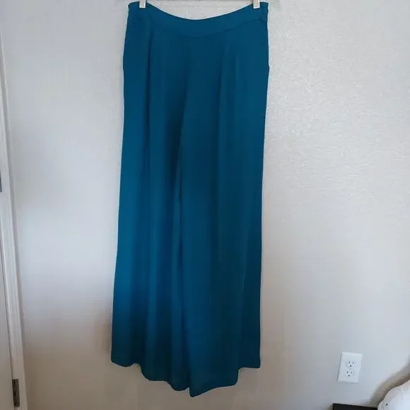 Anthropologie's Elevenses Teal Blue Super Wide Leg Palazzo Pants Pleats Size 10 - Picture 9 of 12